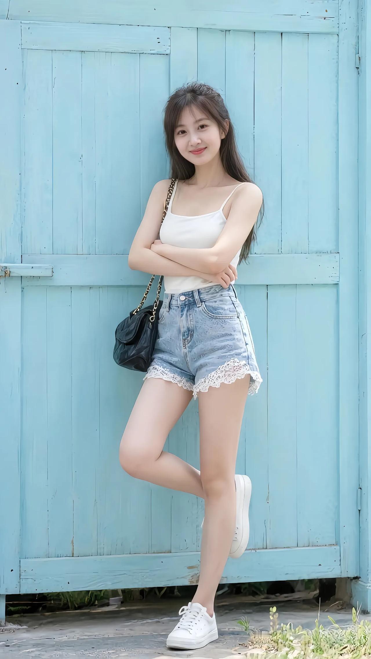 夏日清新穿搭，白色背心+牛仔短裤，轻松自在！🌞👗👖👟