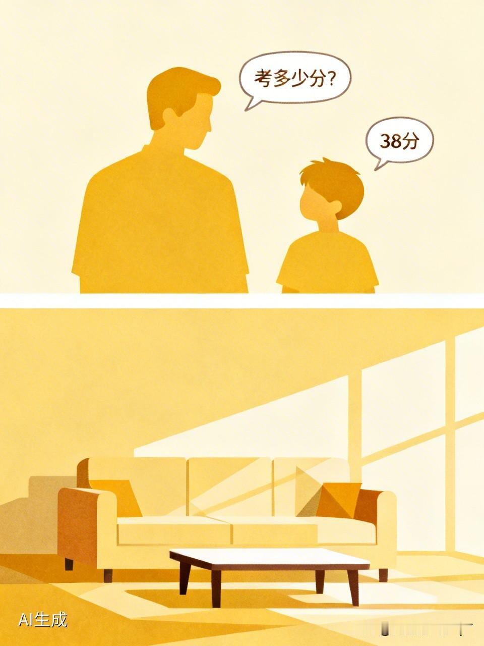 小男孩考完试从学校回到家，爸爸问他：“今天考了多少分？”儿子答：“38分。”