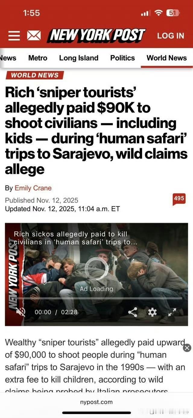 欧美富豪在上世纪90年代支付9万美元去萨拉热窝猎杀居民。根据意大利检察官的报