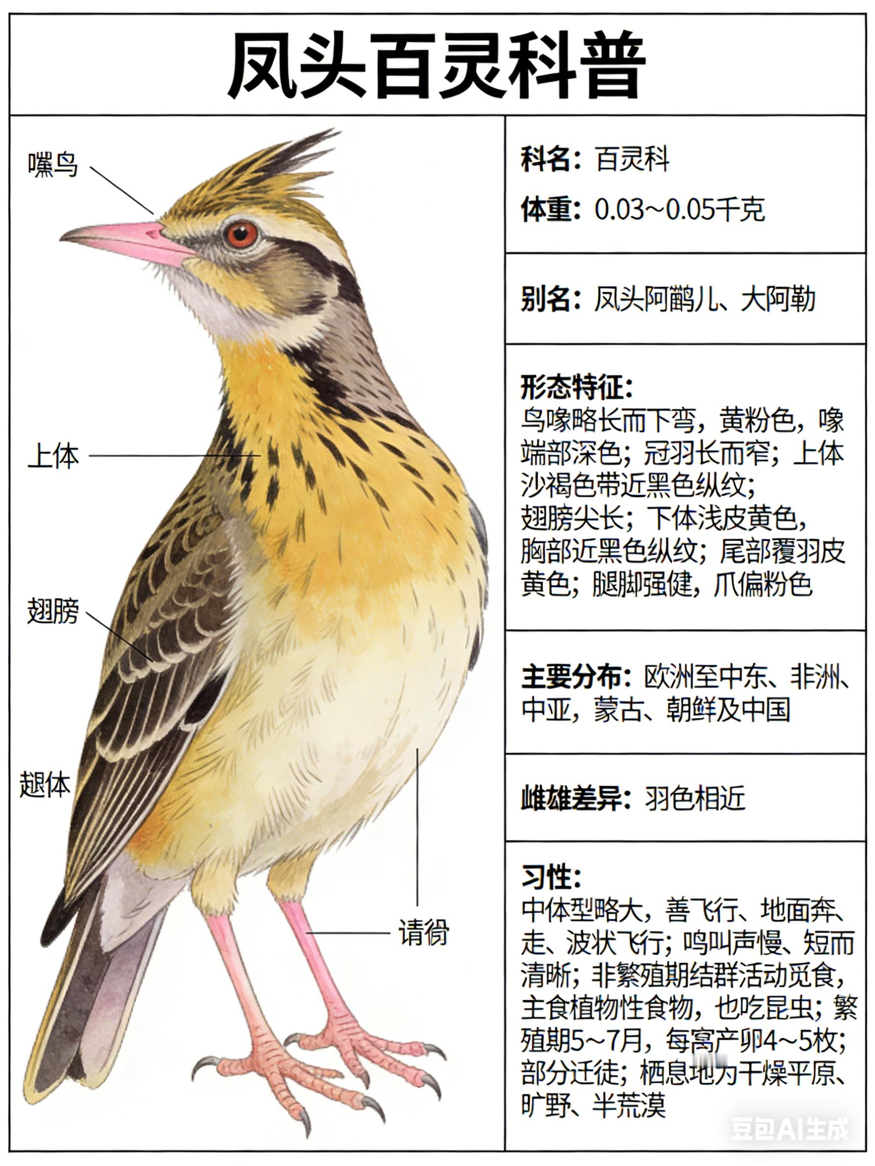 鸟类朋友图鉴凤头百灵科名：百灵科体重：0.03～0.05千克别名：凤头阿鹨儿、