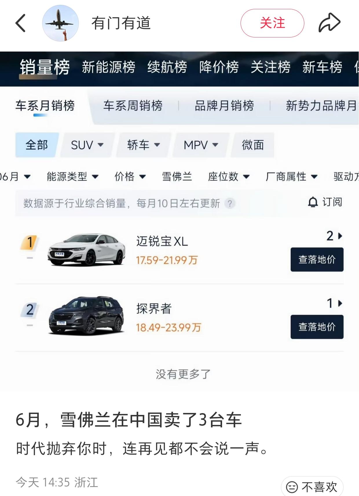 无人在意的角落，6月雪佛兰月销三台