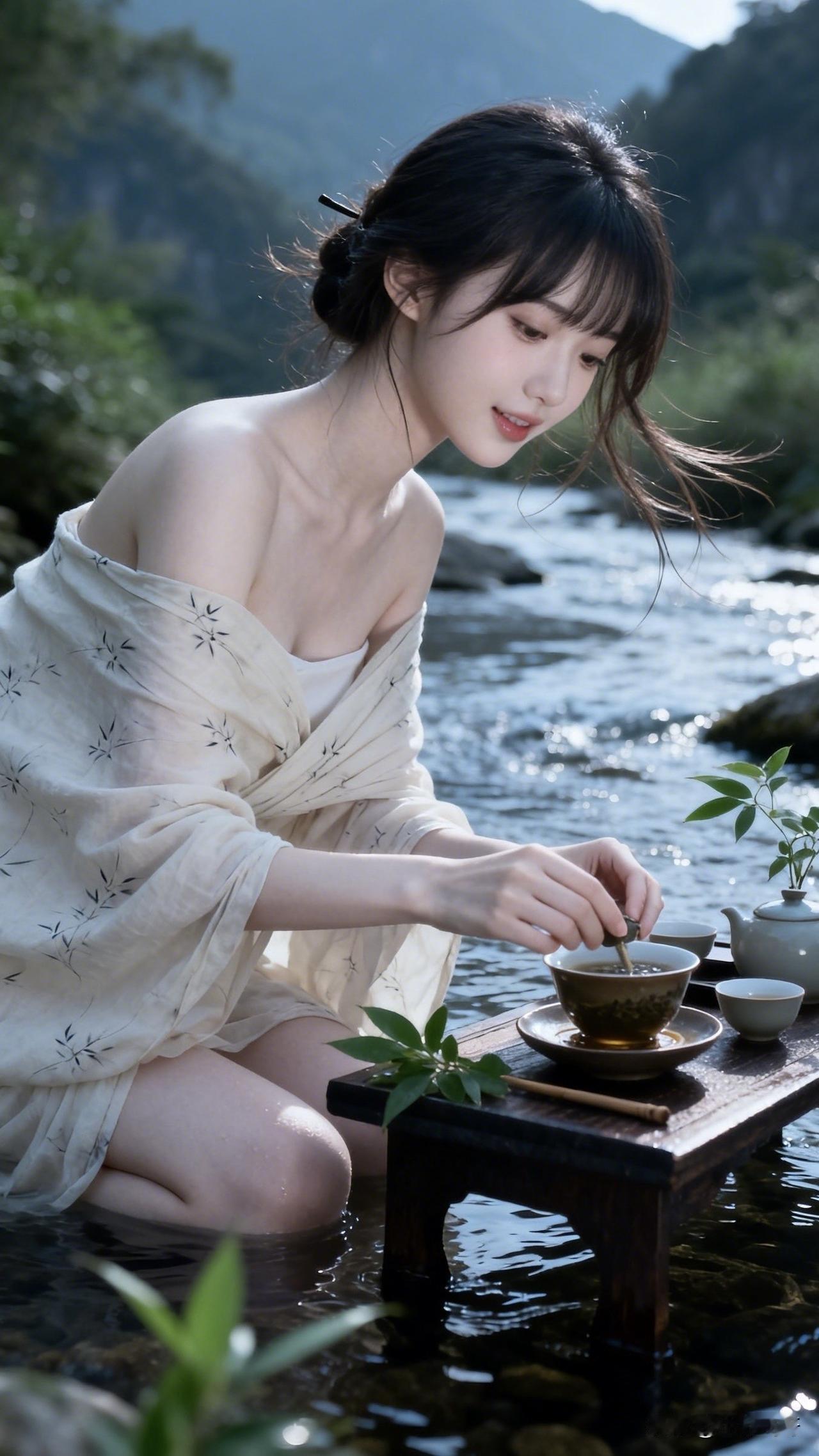 ：“深山静处一壶茶，溪畔佳人绽烟霞，若问何处寻踪迹，顺流而下走天涯。”