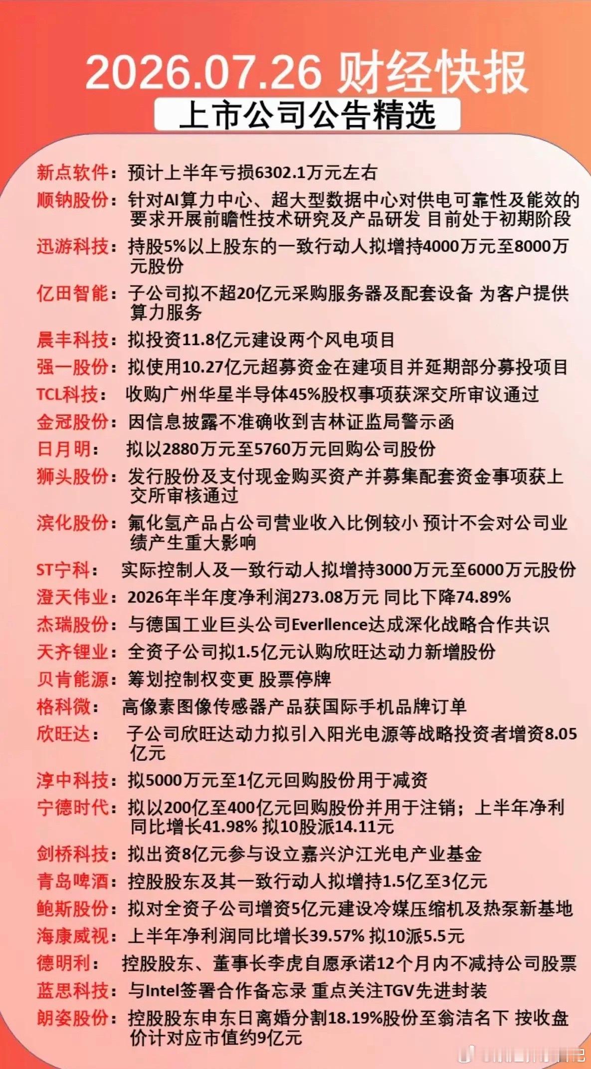 7.26周末上市公司公告+财经快报！27家公司发布公告。含半年报业绩，投资新