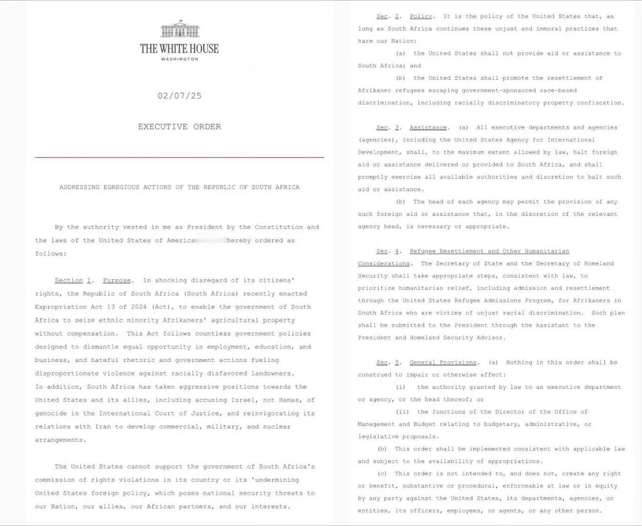 特朗普已签署对南非的制裁，以惩罚其最近的土地征用法案。他下令停止对南非的所有援