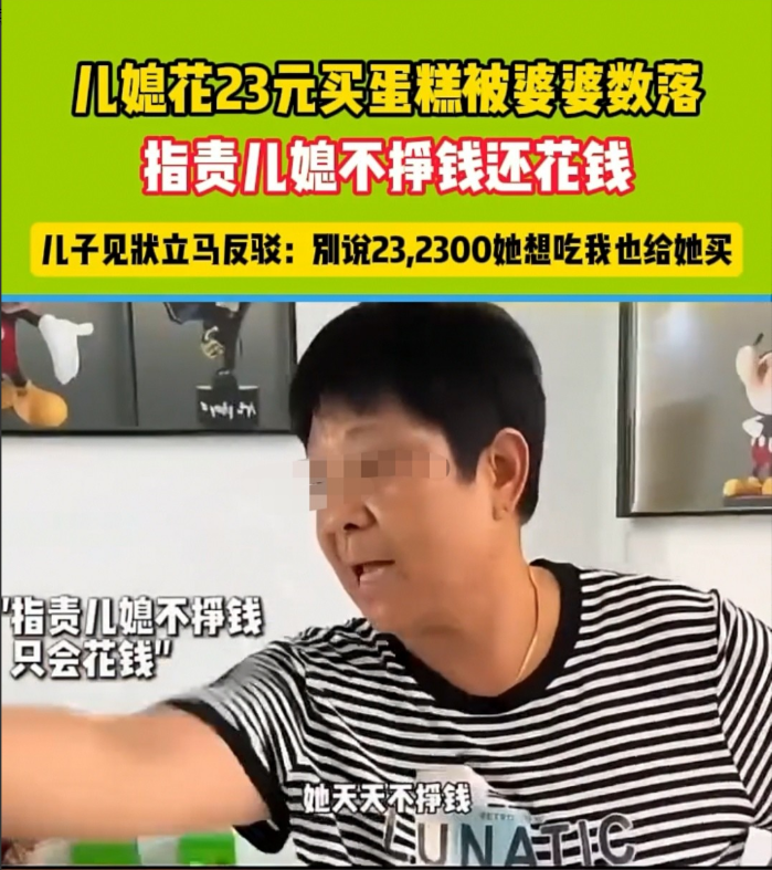 河南，女子买了23元的蛋糕，被婆婆指责不挣钱、只花钱，儿子却反驳道：“别说23元