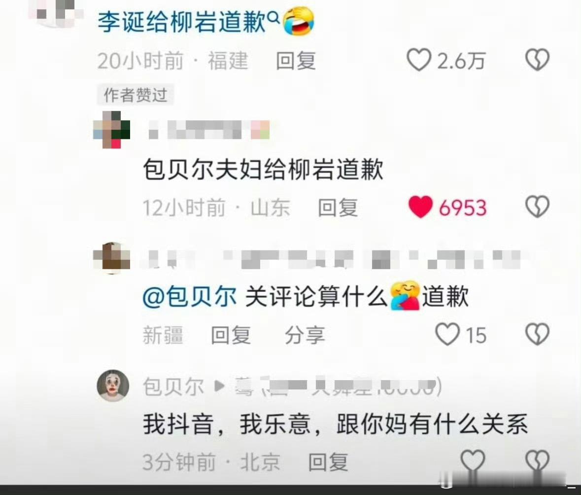 网友让包贝尔给柳岩道歉、另一个网友说包贝尔关评论算什么，结果包贝尔开始怼网友[