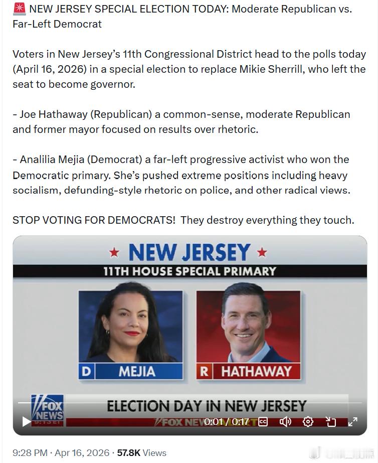 新泽西州第11国会选区的将举行特别选举，填补米基·谢里尔留下的席位空缺，她已离任