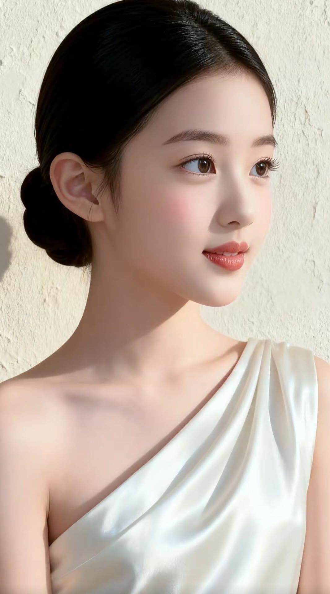 优雅少女，柔美侧颜，复古发髻，白纱裙摆，温柔时光。