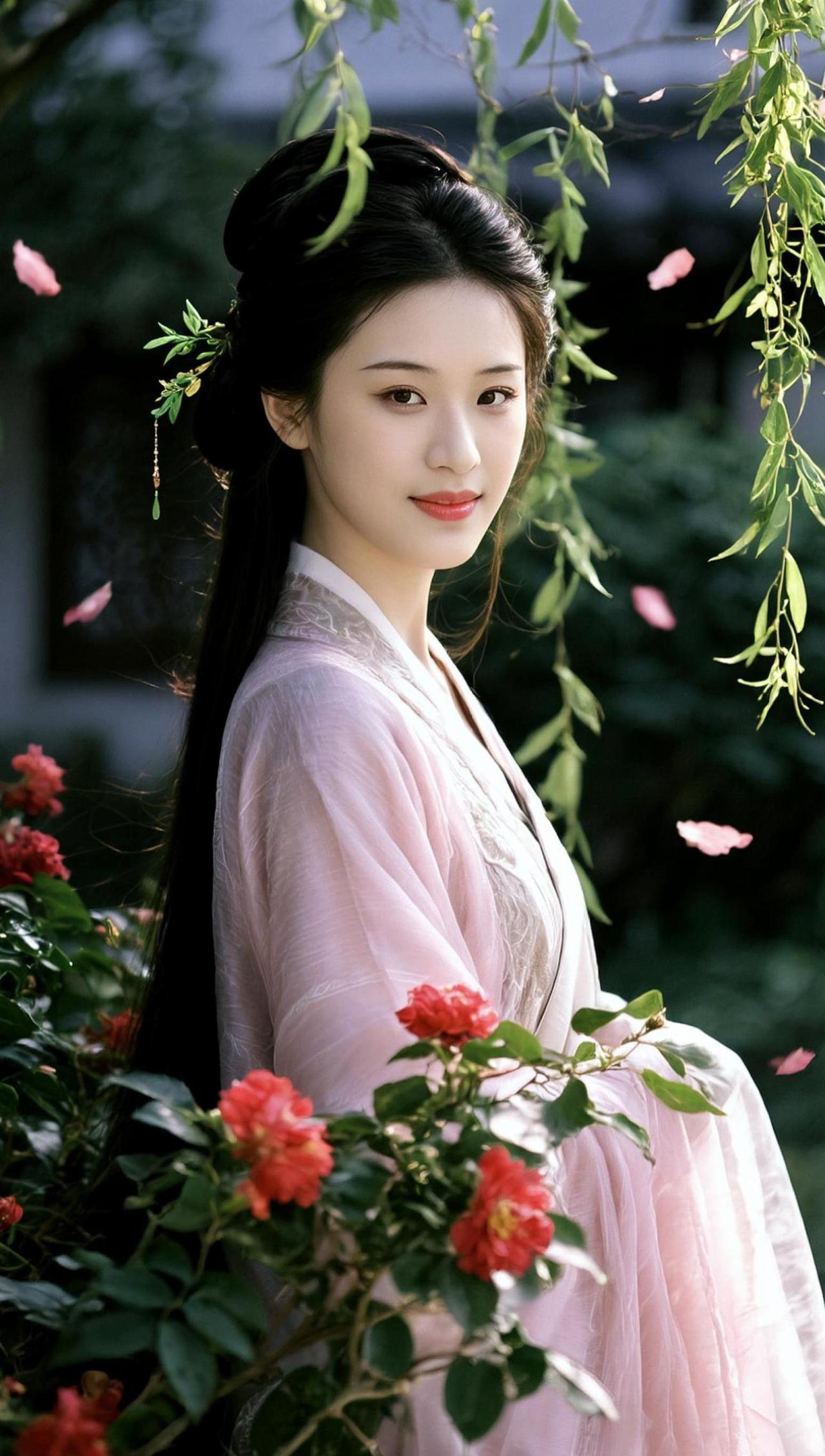 在这片花海中，仿佛时间都慢了下来。古装的柔美与背景的典雅相得益彰，像是从画中走出