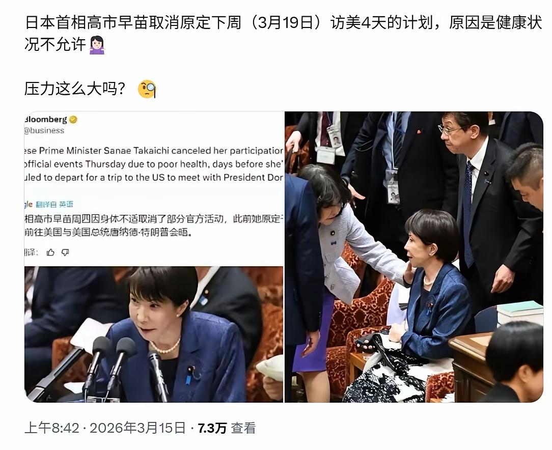 高市看来病的不轻，暂停访美。据日本官方报道，高市原计划3月19日访美与特朗普