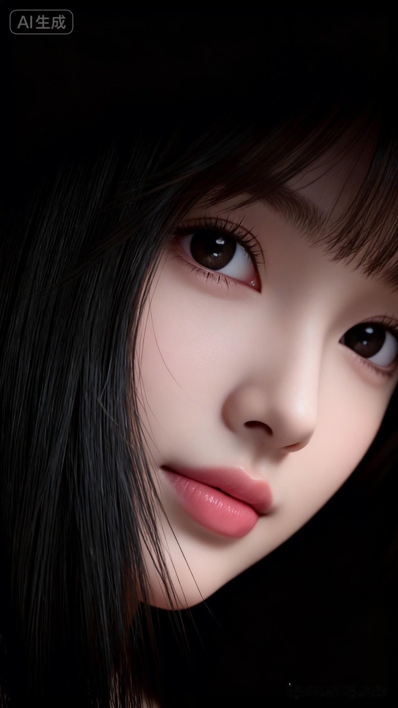 18岁少女绝美面部特写，哑光纯黑背景衬映。朦胧轮廓剪影交织，水润眼眸灵动坚定，唇