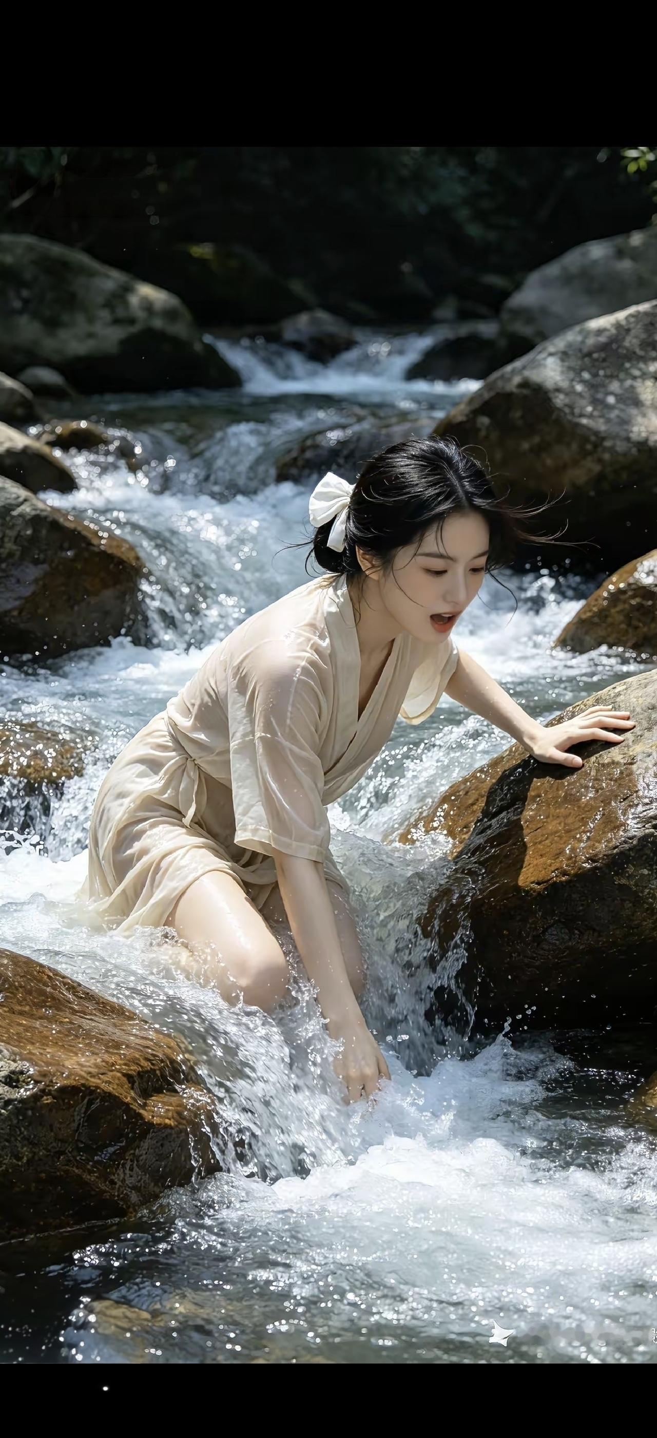 一位美女在溪边玩耍，水花四溅。