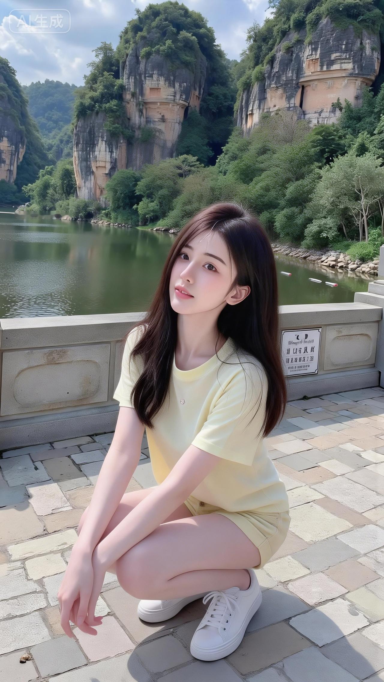 湖岸风裹着浅黄，T恤搭白短裤，比耶的指尖都沾了山光的甜。出游清新穿搭