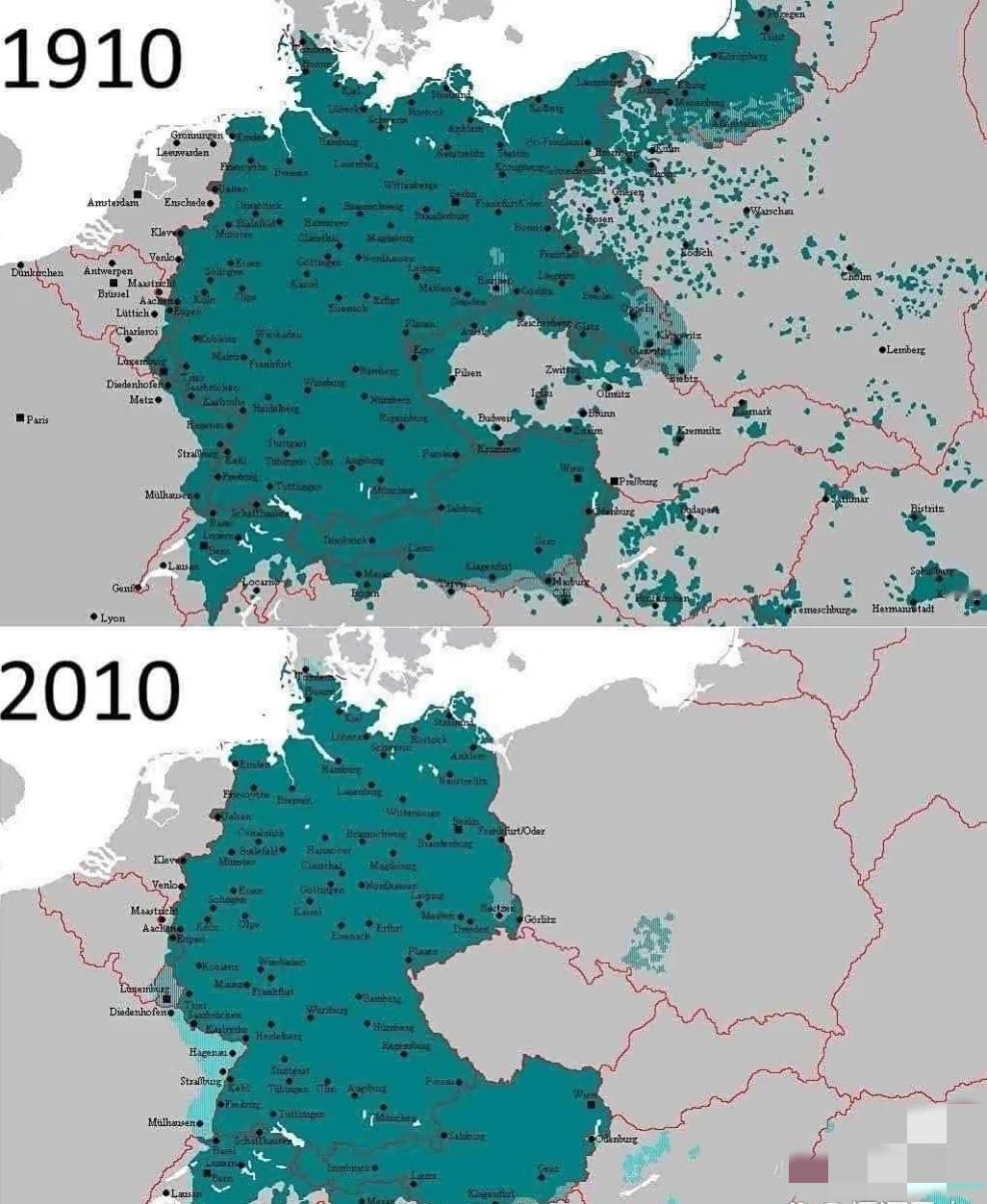 德国历史见证：从1910年到2010年，共计100年间，德语区分布范围，有了