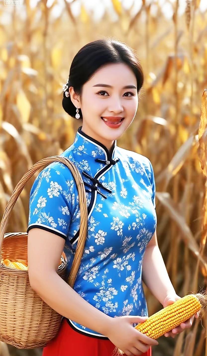 秋日田野中的少女，手捧玉米，笑容甜美，身着蓝花旗袍，感受丰收的喜悦。