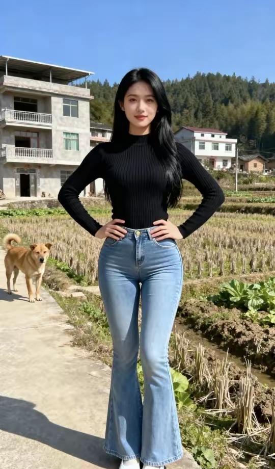 田园风光中的时尚少女，与小狗相伴，享受美好时光。