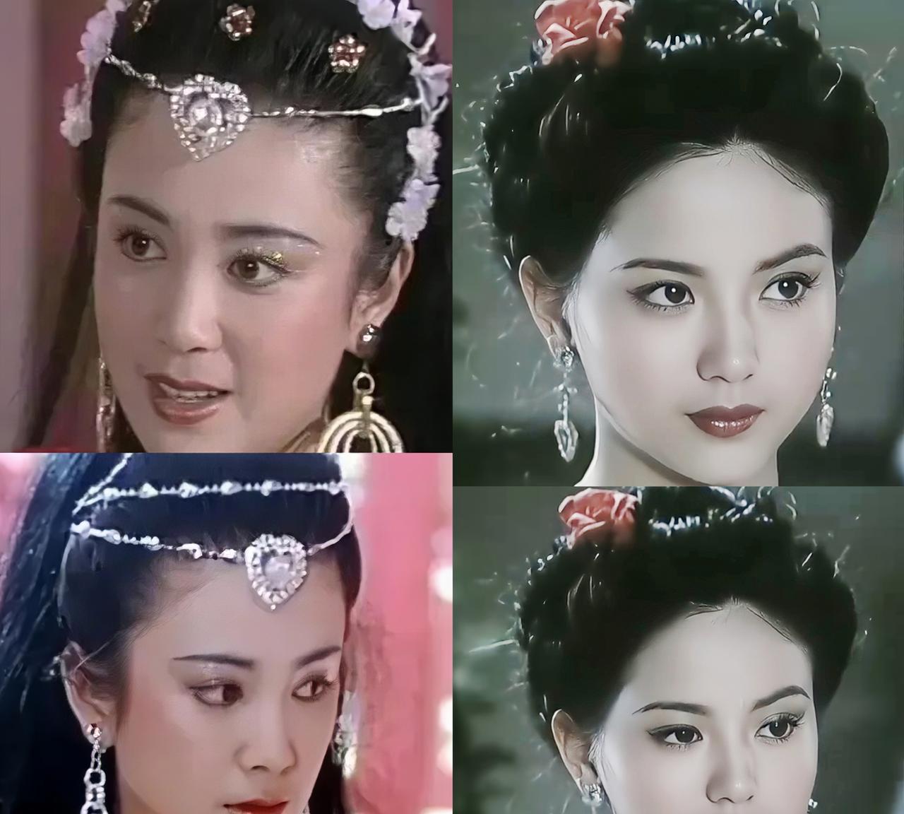 翻到旧照才发现，陶慧敏年轻时竟有过近于傅艺伟版苏妲己的妆造。薄丝巾覆发，配着带年