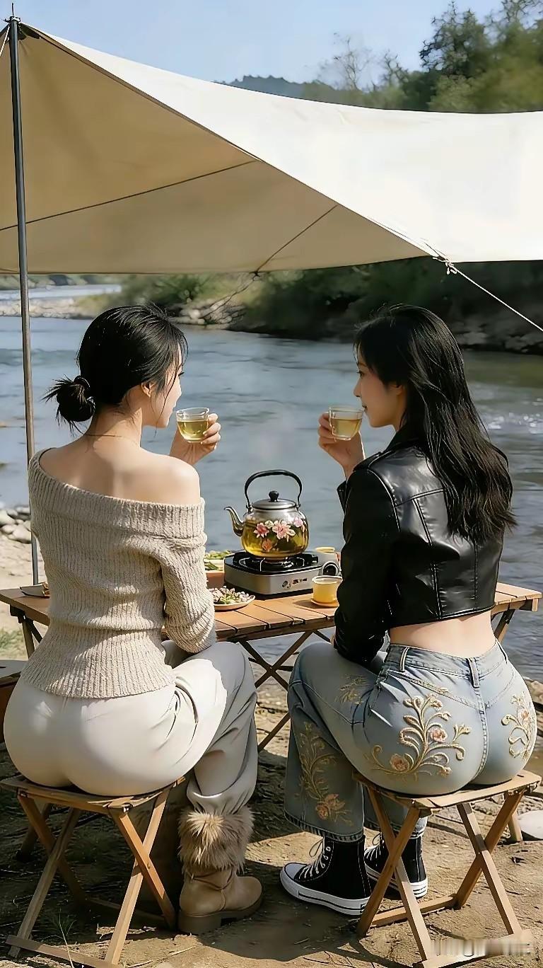 静坐河畔饮茶，心随流水悠然。