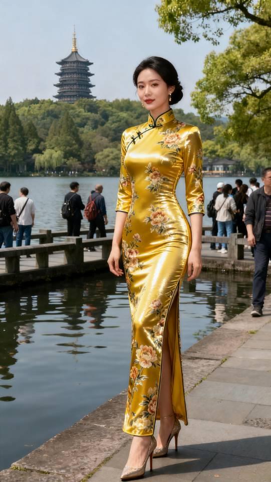 冬日生活打卡季身穿金色花旗袍的女子在西湖边写真。旗袍旗袍美女高雅气质美女