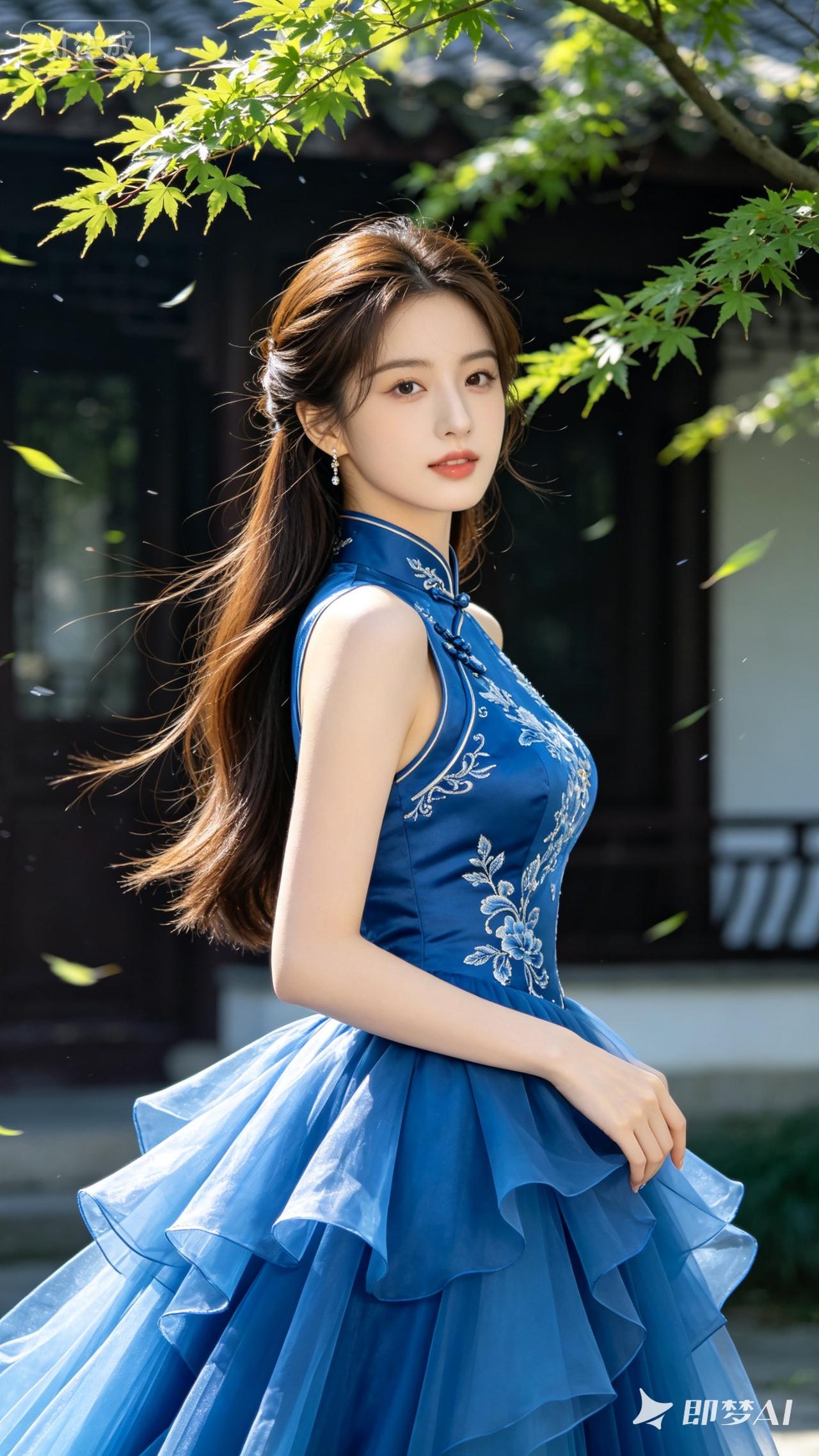 半身特写，半扎棕长直发少女冷白奶油肌，身着层次蓝新中式礼服，屋外枫枝轻晃，质感柔