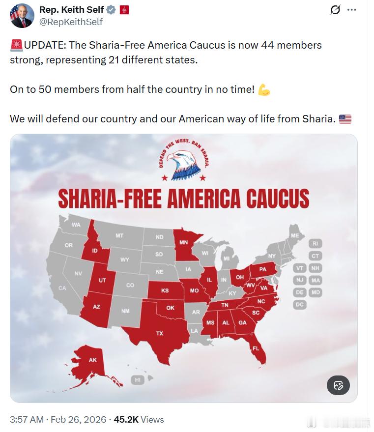 国会议员基思·塞尔夫：“无伊斯兰敎法美国”党团目前已有44名成员，来自21个不同