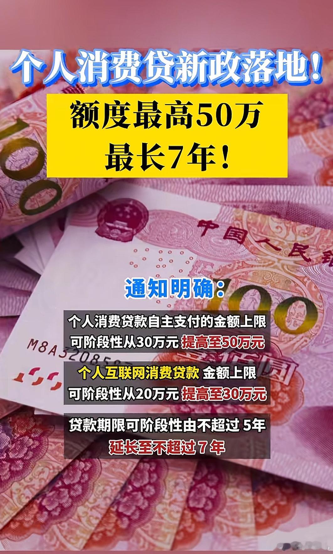 最近推出消费贷新政策个人贷款上限30万到50万还款周期5年提升到7年不买车不买房