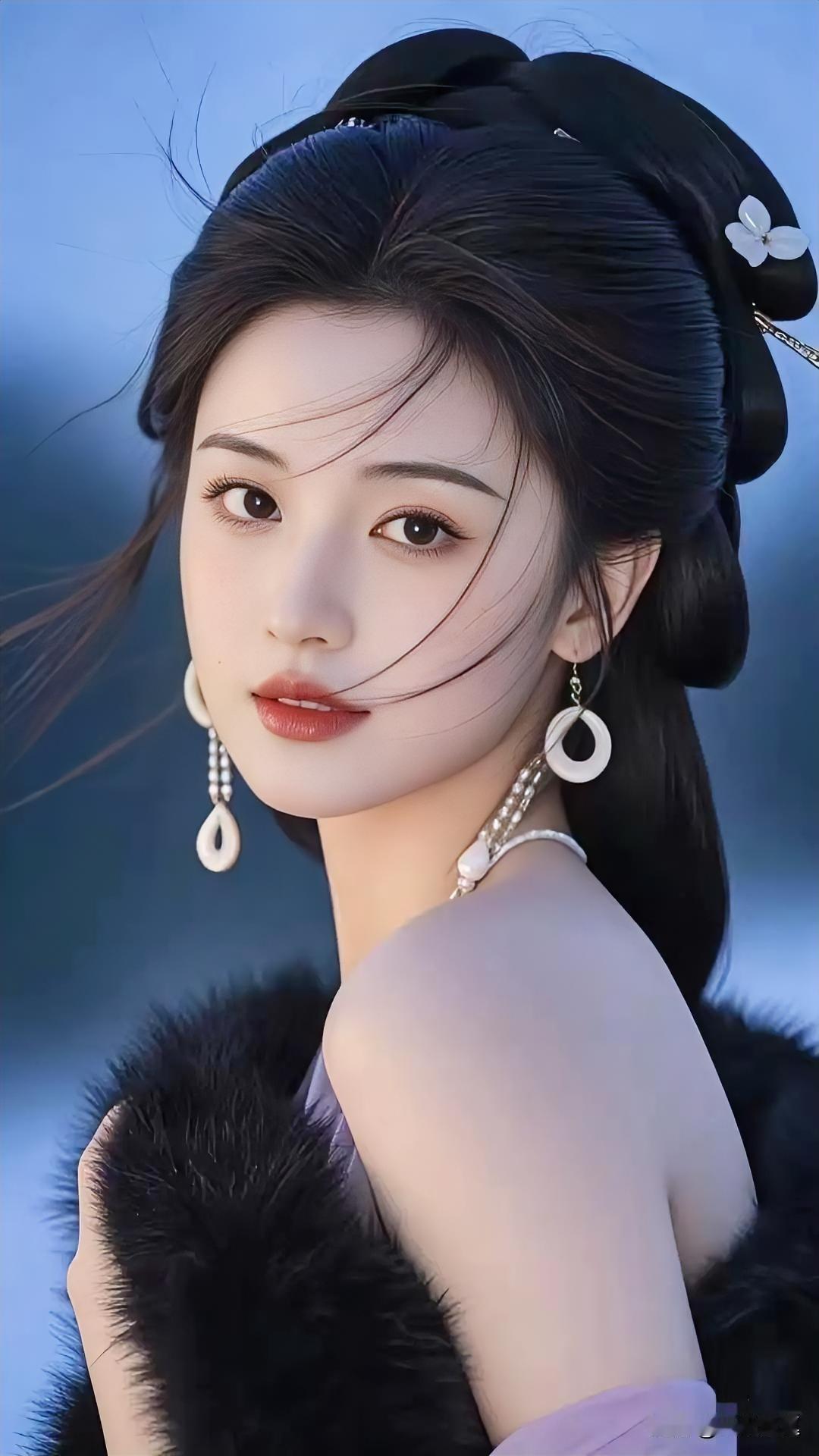 梦幻古风美人，黑发如瀑，红唇欲滴，耳畔垂坠，尽显东方韵味。