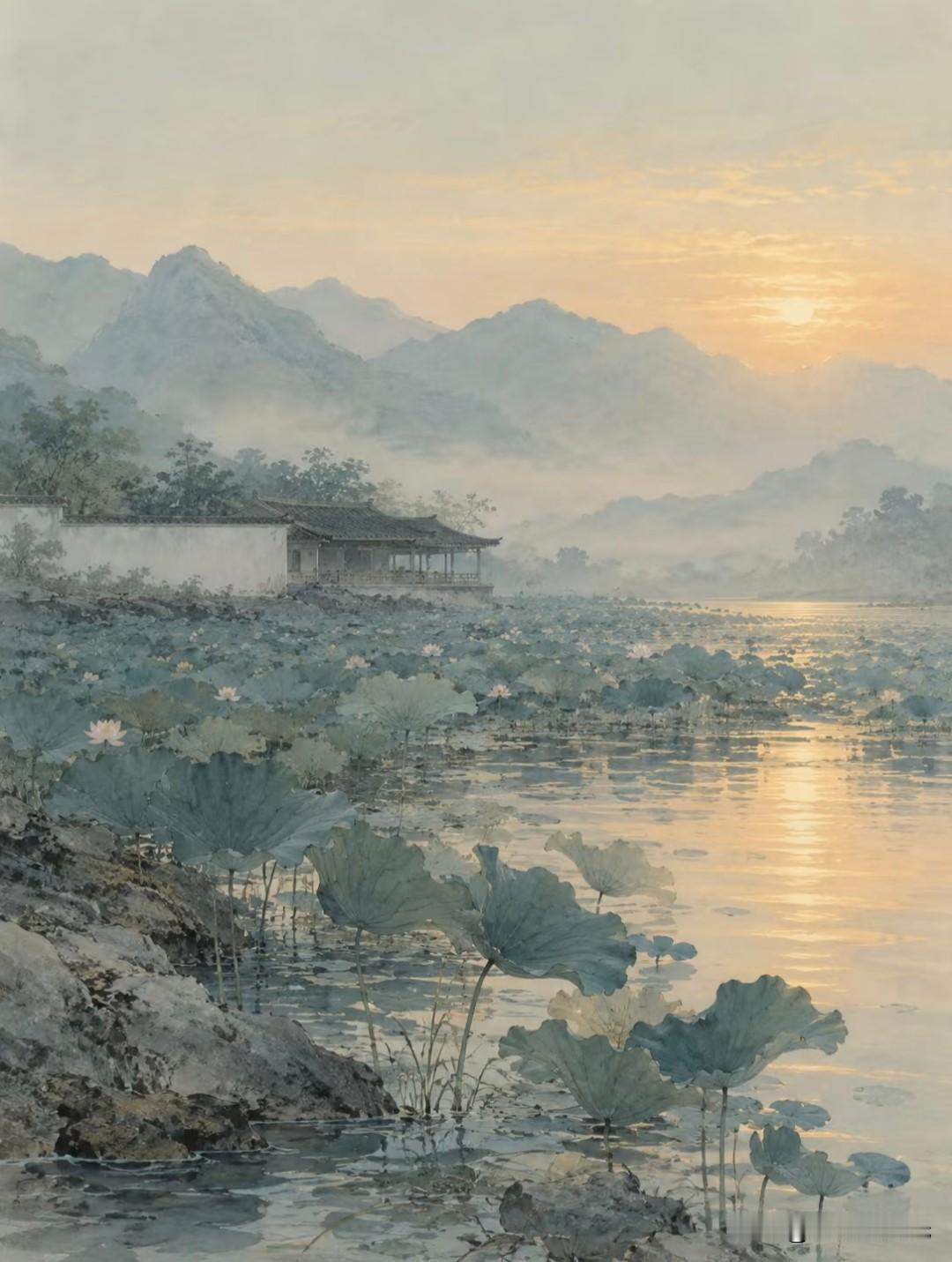 荷风浮远岫，云水入幽亭FeiAI国风美学插画分享国风荷塘风景禅意山水图