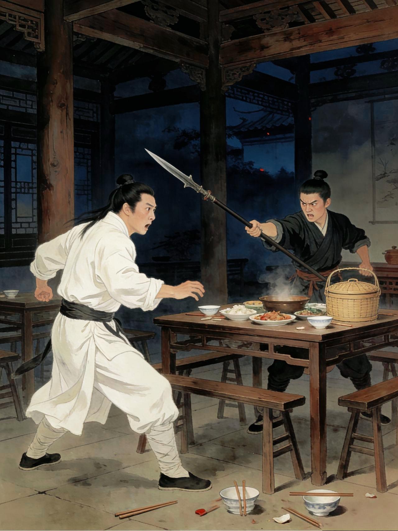 清雍正年间，江苏无锡武术大师范龙友正在吃饭。谁料，徒弟王贵突然手持长矛向他前胸刺