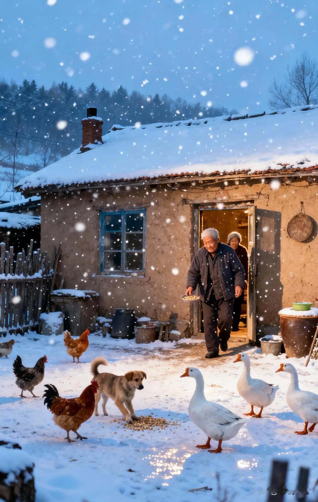 柴门覆雪晚烟微，老叟呼禽食米归。鹅犬鸡声融暮雪，不知儿女何时回。
