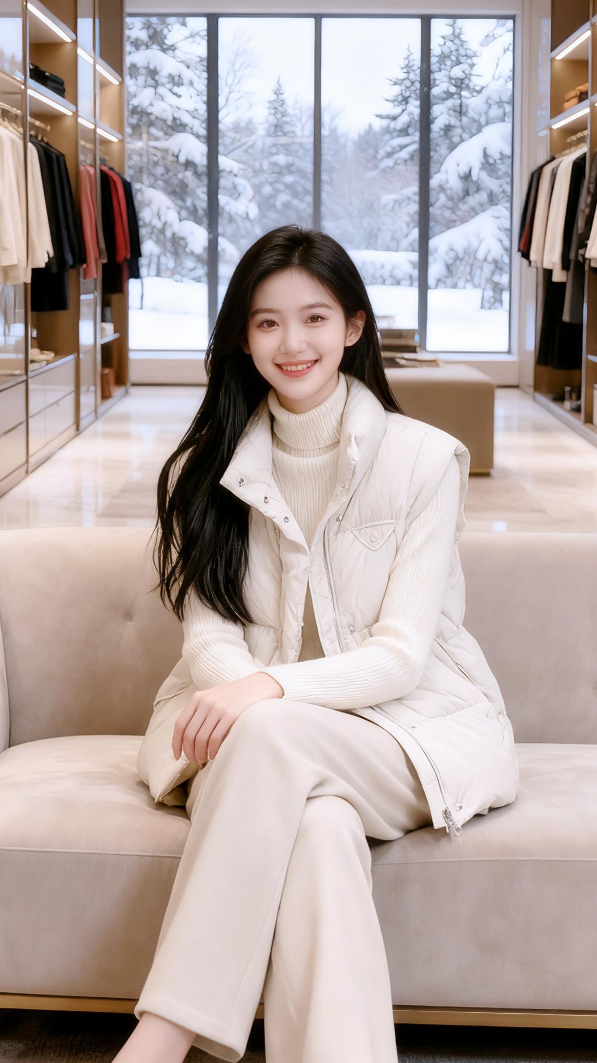 雪落的日子，她的衣橱是暖调的诗。米白的羽绒马甲像揉碎的云，裹着软乎乎的温度