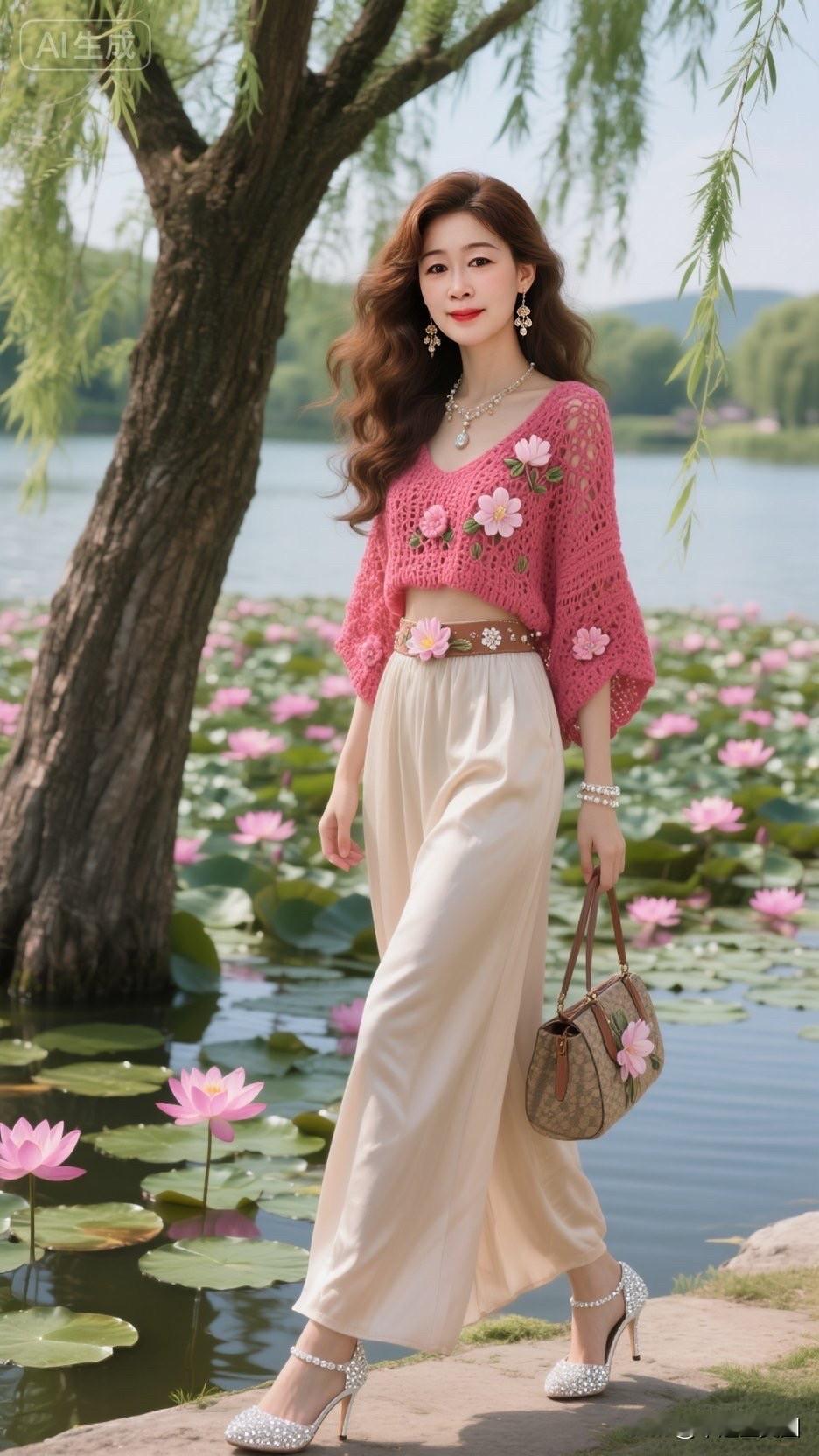 夏日荷塘漫步，粉色针织衫与米色长裤的清新搭配，优雅动人。