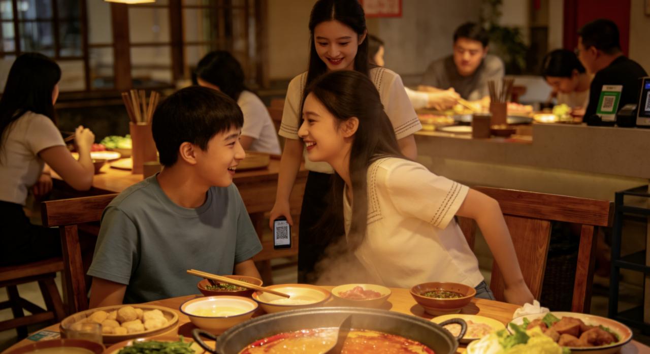 火锅店，两对情侣拼桌。左边桌，男孩不停给女孩夹菜：“你尝尝这个，这个也好吃。”