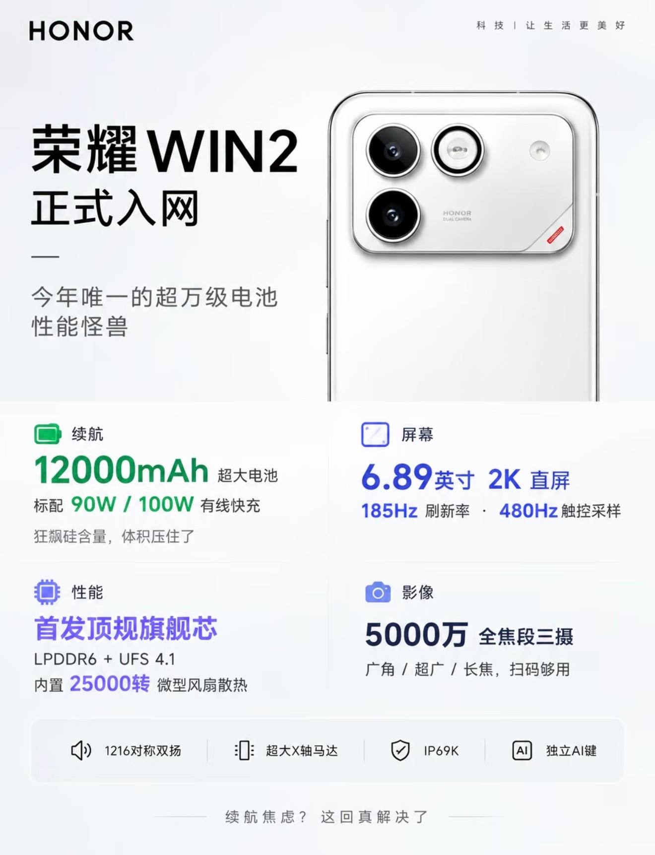 荣耀WIN2正式入网，12000mAh超大电池堪称电量焦虑终结者！搭载6.89英