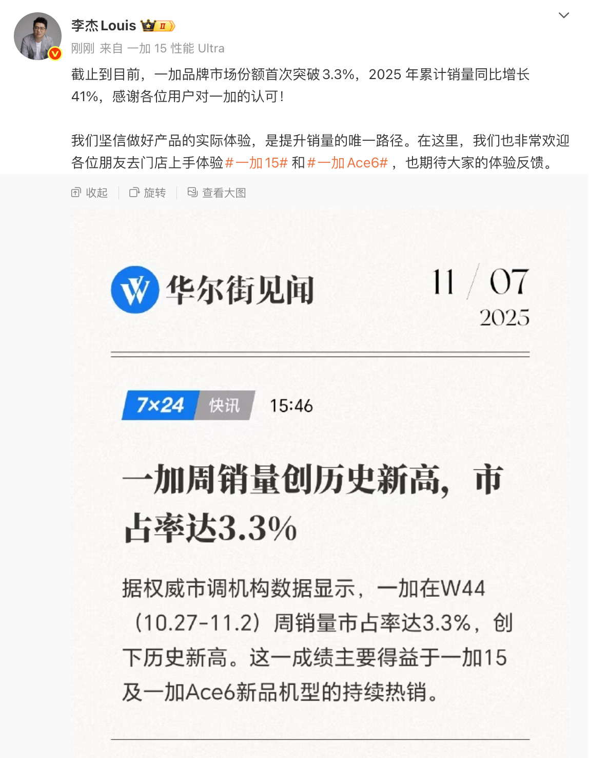 一加周销量创历史新高了，市占率达3.3%。一加还是猛～[doge]​​​