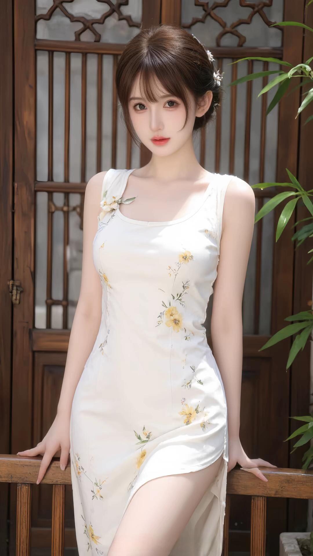 优雅白裙，花间少女，静谧时光这旗袍裙子真漂亮。温柔白裙写真气质美少女写真