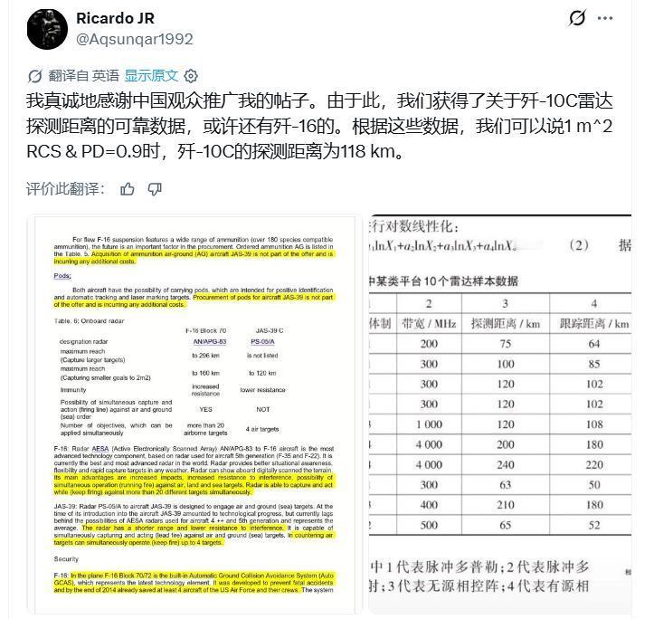 外网推测出歼-10C的雷达功率不够！从而得出一个结论：歼-10C应该不可能击落阵