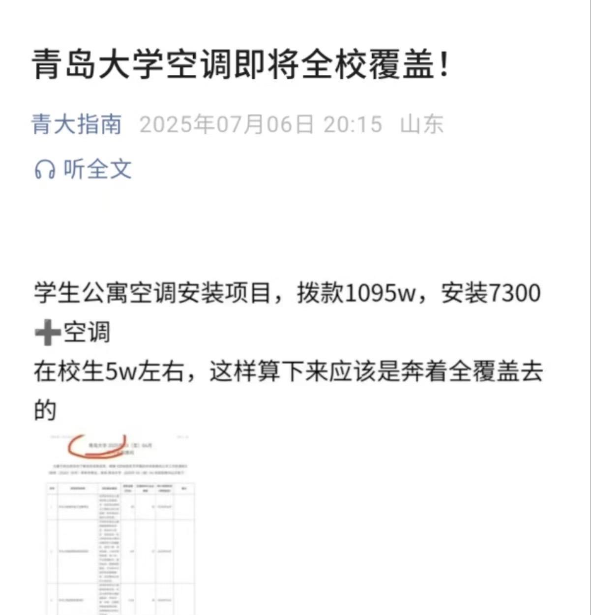 门外大爷中暑身亡之后，青岛大学终于做出决定，即将实现全校空调覆盖。拨款1095