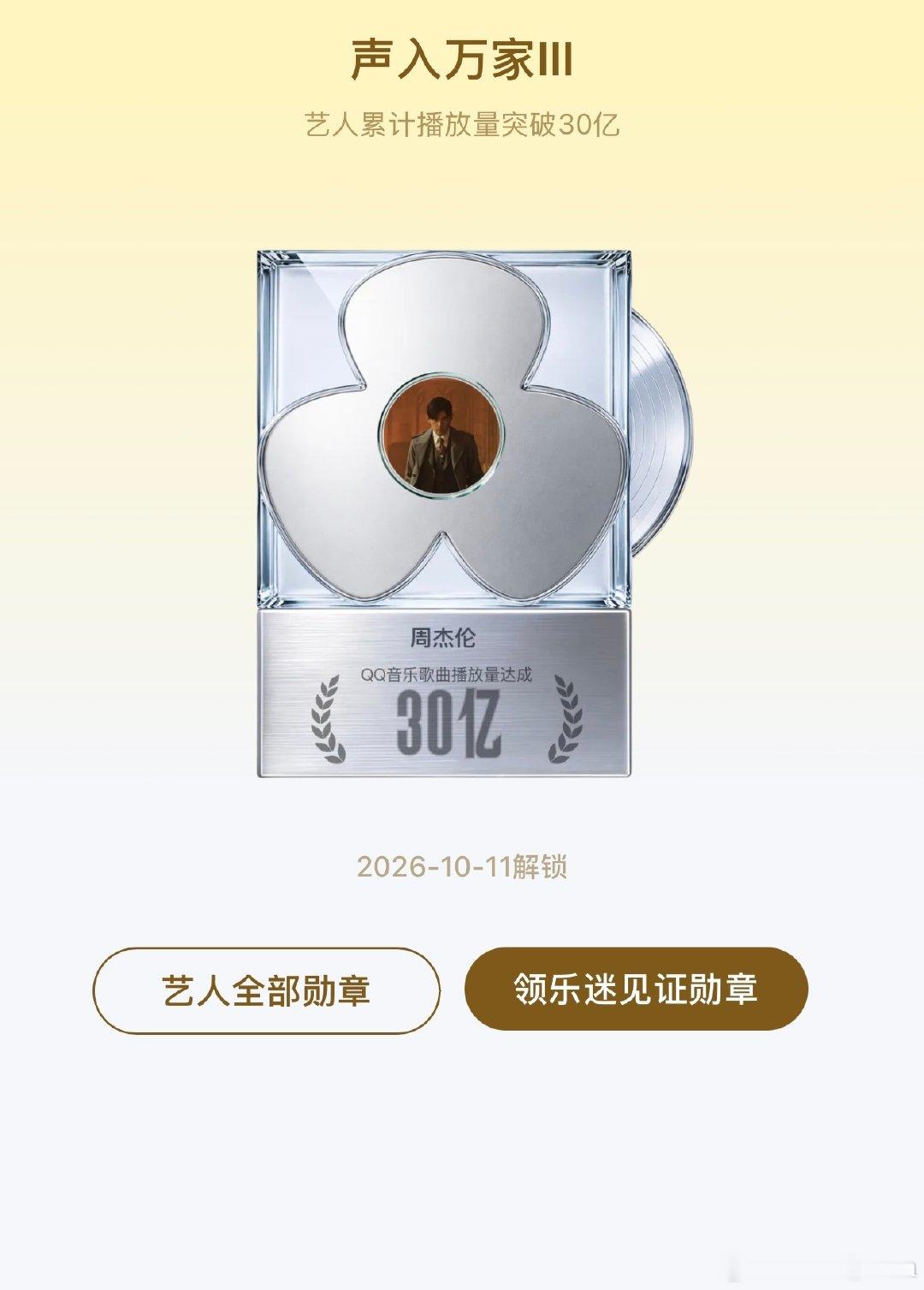 最新数据，周杰伦qq音乐2026年度播放量已突破30亿，3倍领先第二名。​