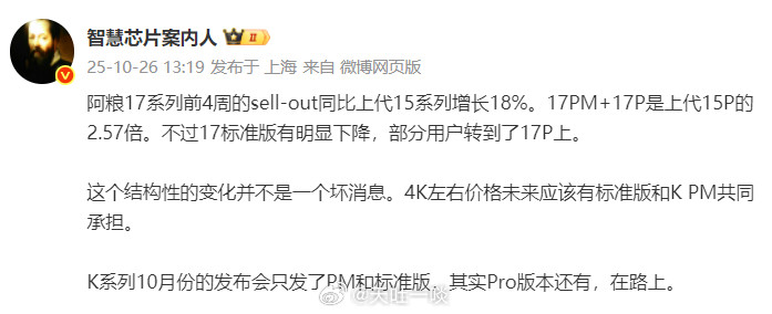 这是小米17系列开售四周的数据1、小米17系列开售四同，同比小米15系列增长18