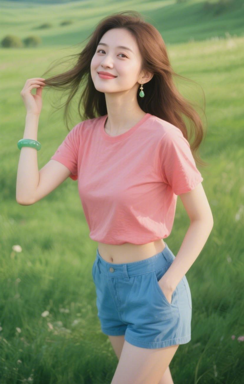 夏日清新穿搭，粉色短袖搭配蓝色短裤，草地上自由奔跑，享受阳光和微风！🌞💚🌿