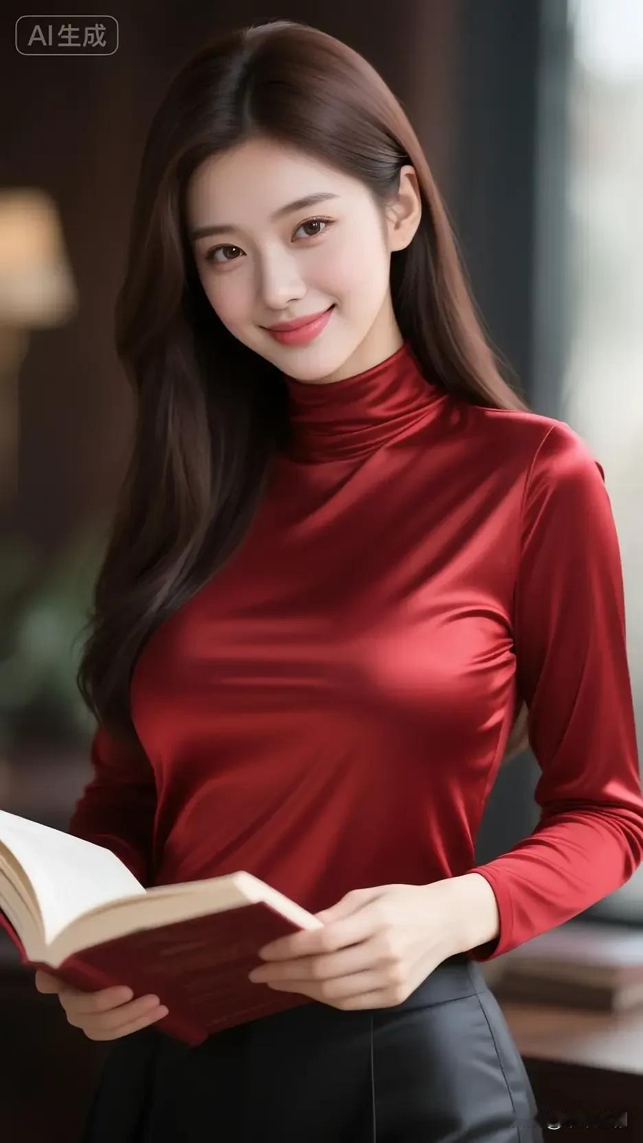 酒红缎面高领衫裹着温润光泽，手持书卷的瞬间，在暖调的室内氛围里，揉出知性与明艳的
