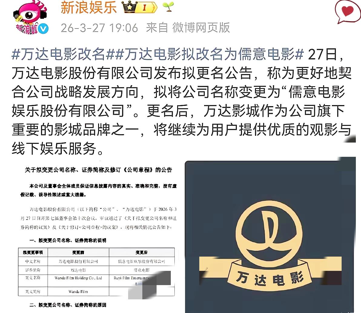 王思聪，彻底告别万达时代！3月27日万达电影官宣更名儒意电影，股票简称同步更换