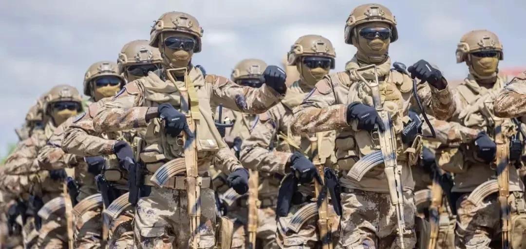不仔细看还以为是我国大阅兵呢，身穿07式沙漠迷彩，手中拿着迷彩涂装的81杠，妥妥