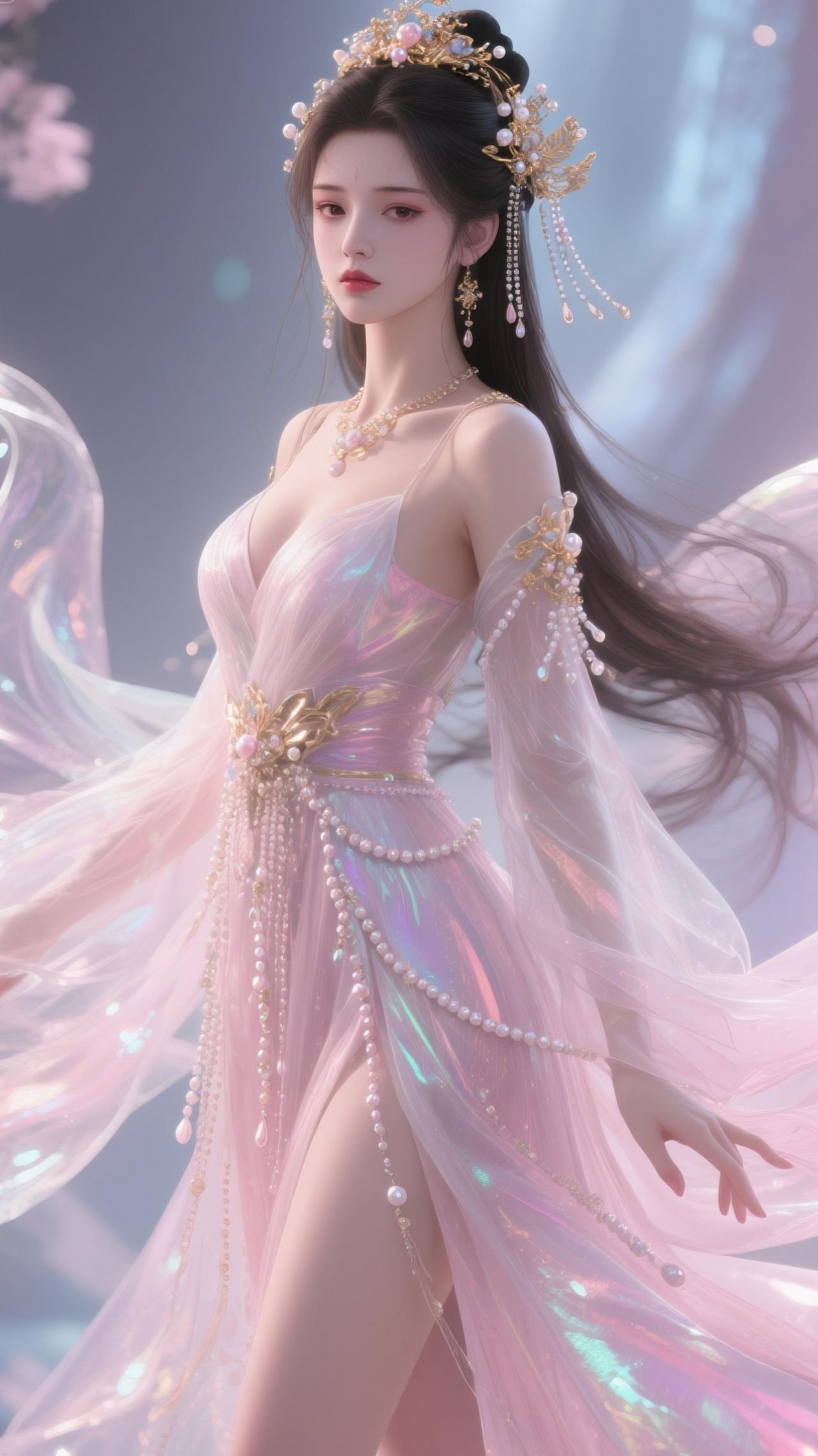 梦幻仙境中的仙女，粉色的长裙飘逸动人，头饰华丽，宛如天上的仙子。汉服少女风汉服