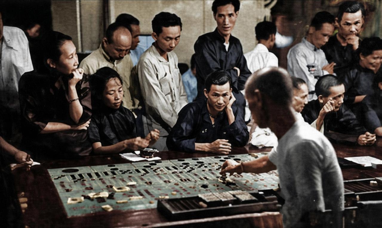 20世纪40年代末至50年代初，澳门赌场，一名光头荷官正在巨大的赌桌前操作，周围