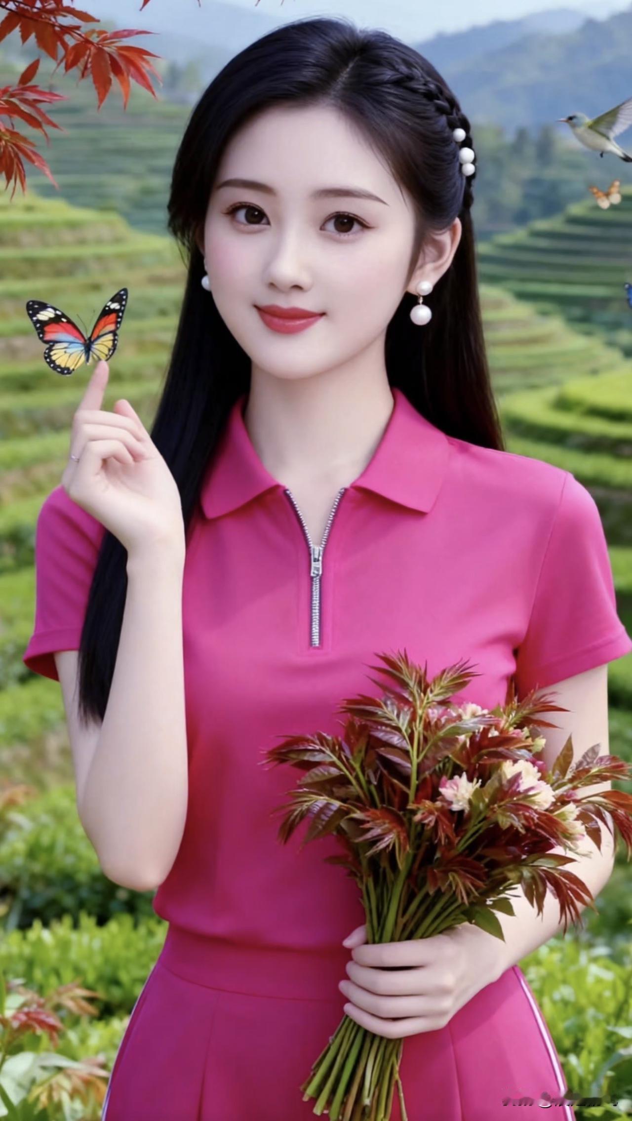 粉色少女与蝴蝶共舞，花海中的浪漫时光紫色花海少女花海蝴蝶写真蝴蝶少女照花海