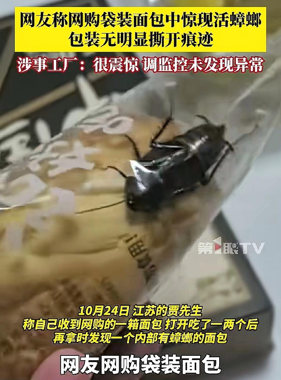 面包中出现活蟑螂,包装无明显撕开痕迹。刚看了后续,这个博主把照片拍给客服之后,第