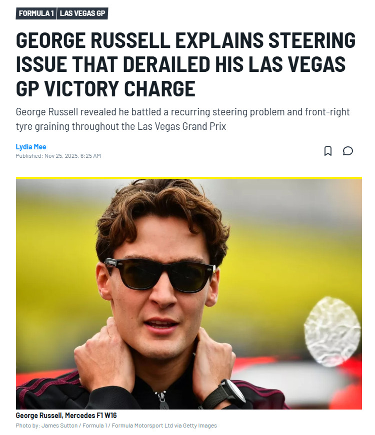 拉塞尔表示在整场拉斯维加斯大奖赛正赛中，他持续遭遇转向系统反复故障以及右前轮胎粒