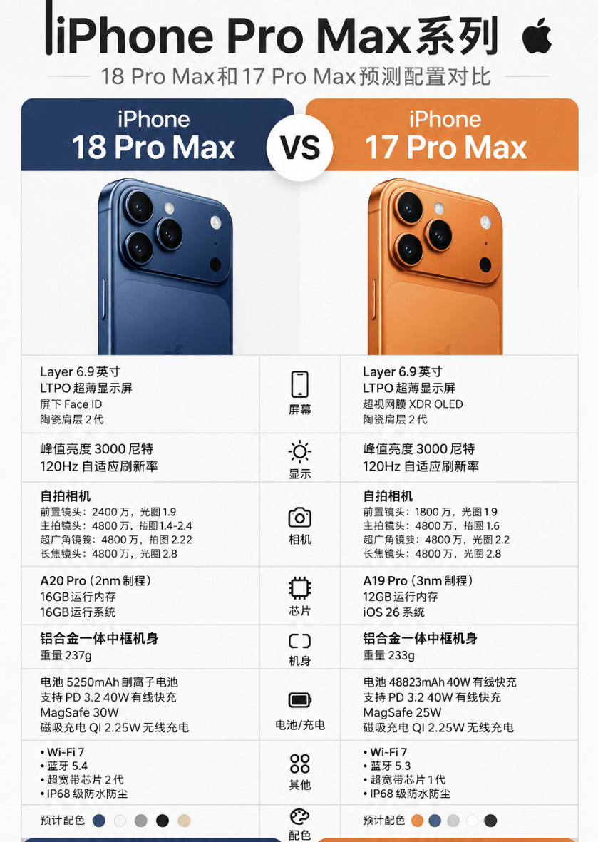 18ProMax和17ProMax的配置对比汇总出来了，翻看不少数